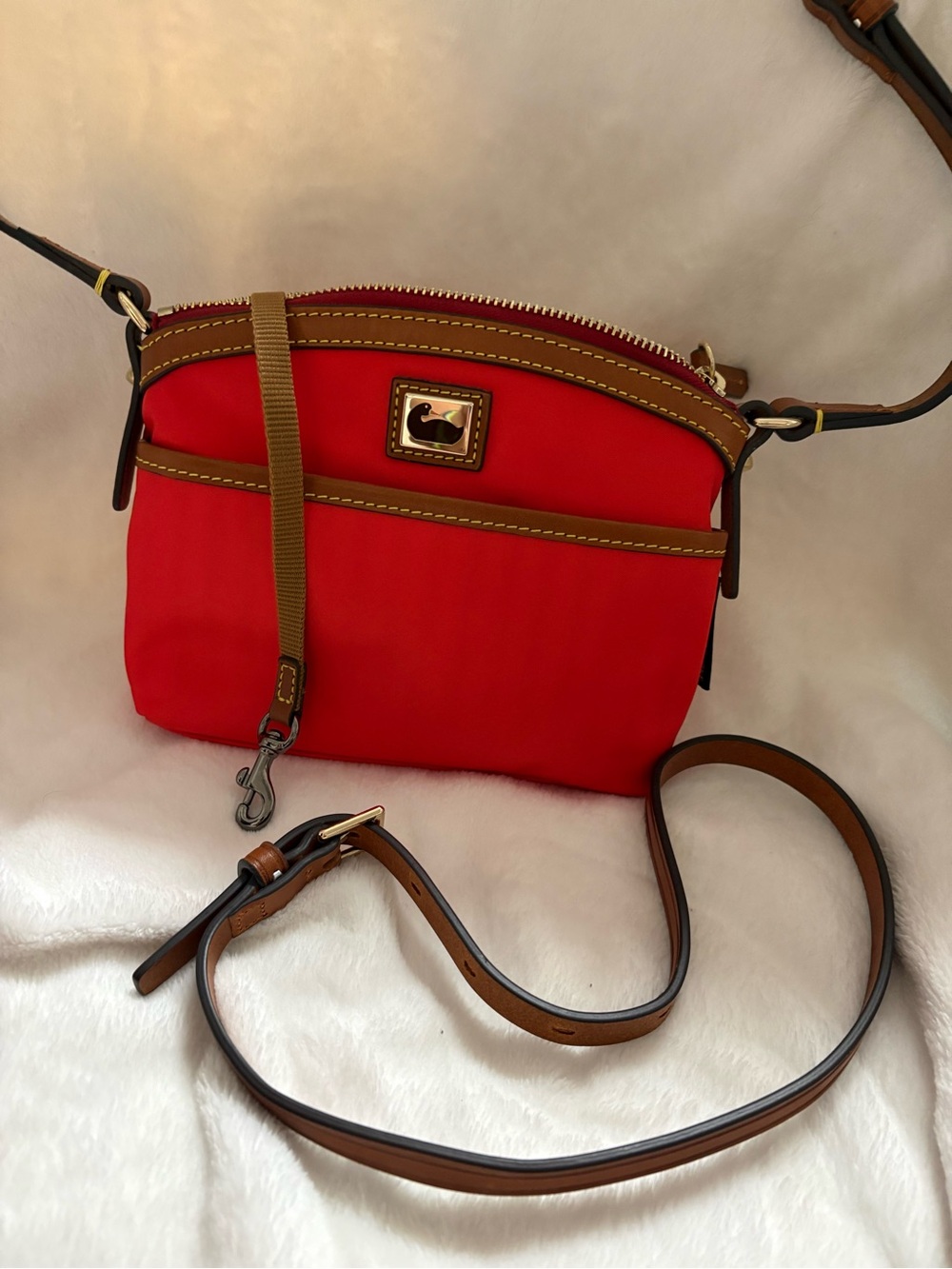 Dooney & Bourke Red Nylon Crossbody with Brown Leather Trim